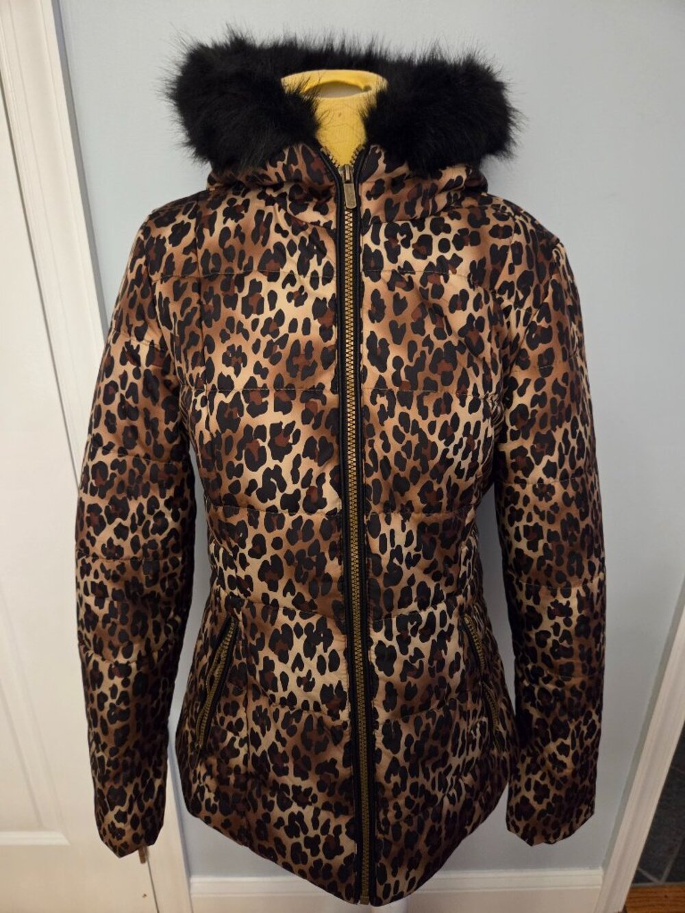 Celebrity Pink Juniors Leopard-Print Puffer Coat with Faux Fur Trim Hood